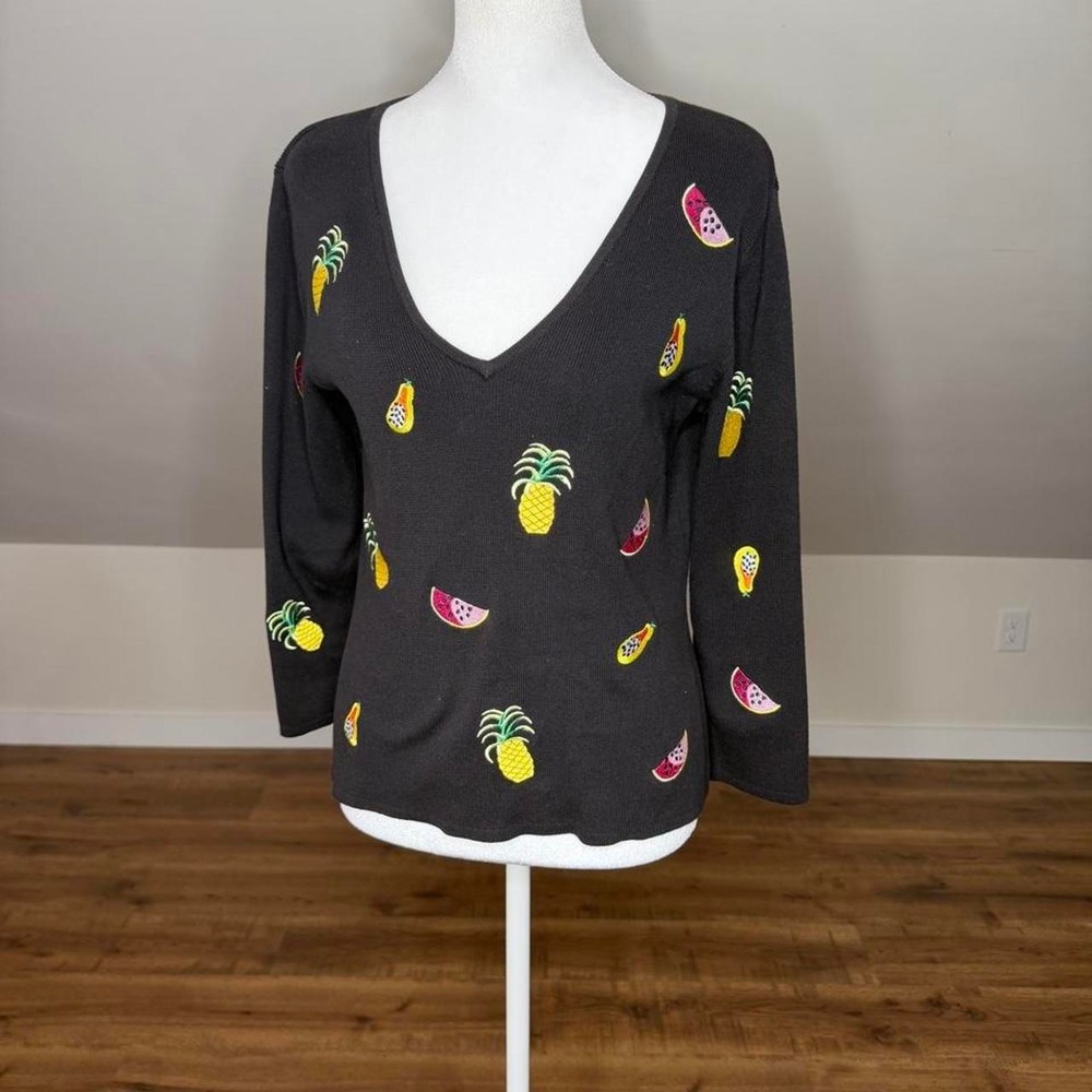 Alexandra Bartlett Fruit Embroidered Cotton Sweater Tropical V-Neck Y2K Size M